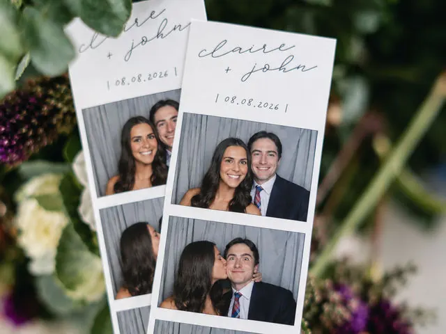 Custom wedding photo strips with the couple names and date