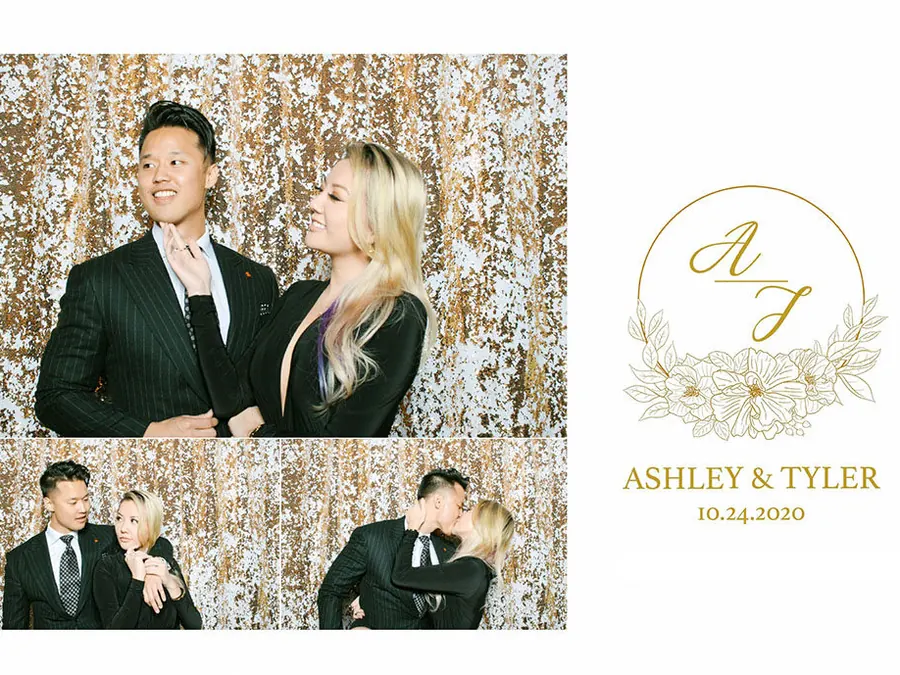 Wedding photo booth print with a gold monogram